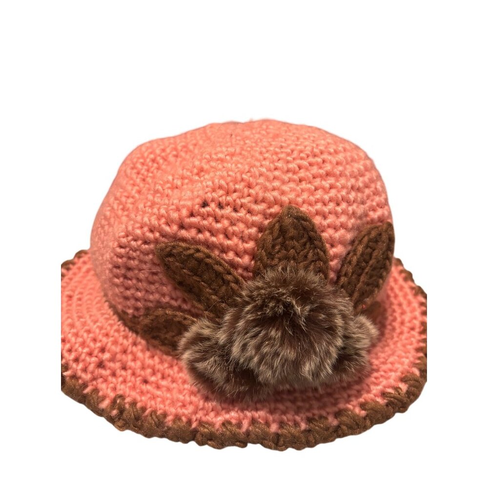 Handmade Crochet Pink Brown Hat With Faux Fur Pom Design Unique Accessory